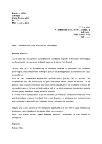 Lettre De Motivation Technicien Informatique  Job Application Letter